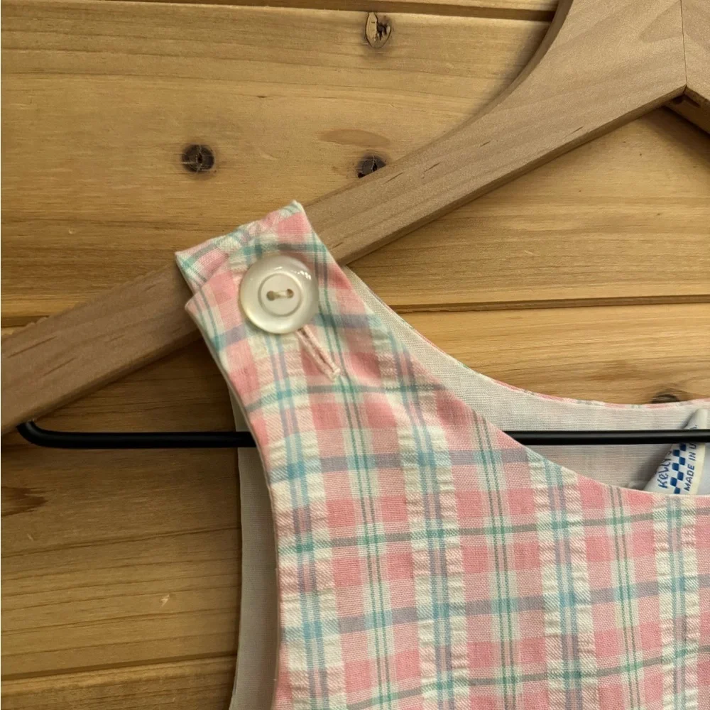 Vintage Kelly’s Kids Size 8 Teal Pink Plaid Flower Applique Tank Dress Spring